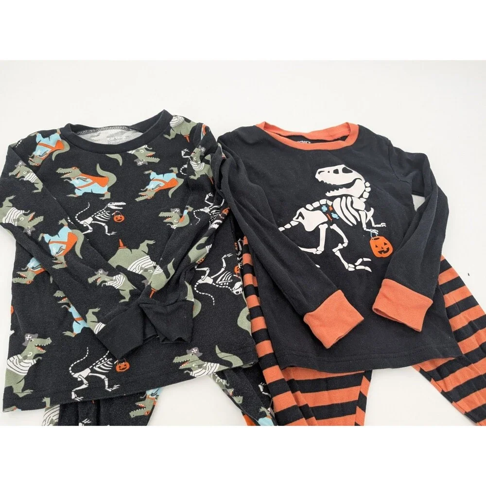 Carters Kids Pajamas Lot of 2 Slim Fit Cotton Halloween Dino Stripes Size 5T